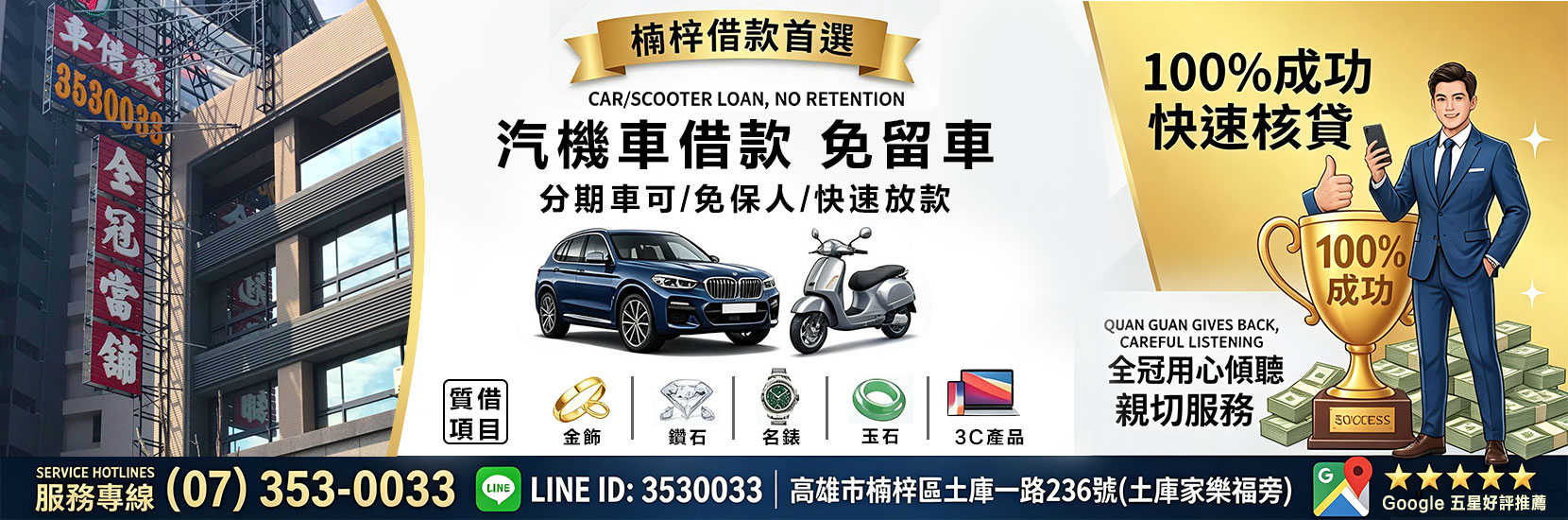 楠梓當鋪推薦｜全冠當舖 - 高雄楠梓借款、汽機車免留車、快速放款